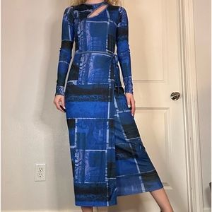 Women’s Top Shop Retro Design Blue Graphic Ankle Length Faux Wrap Dress Sz 4-6